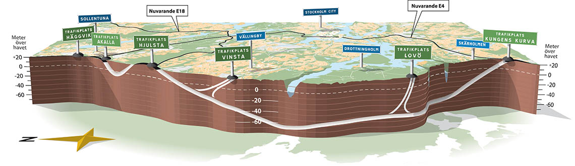 illustration över Förbifarten Stockholms sträckning.